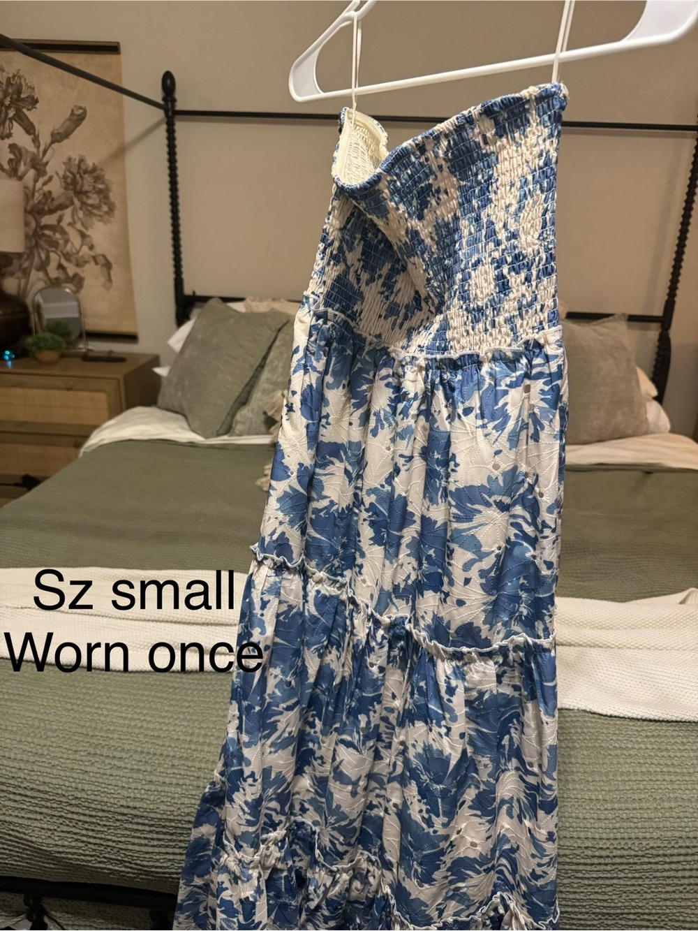Blue and White Floral Smocked Maxi Dress